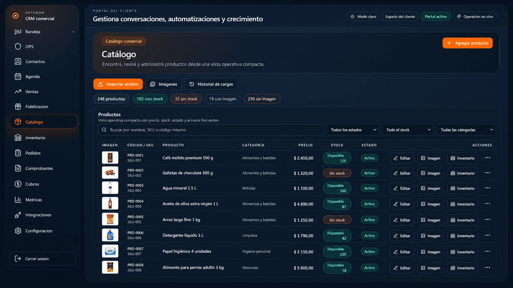 Catálogo real de Opturon con productos, imágenes, precios, stock, estados y búsqueda operativa