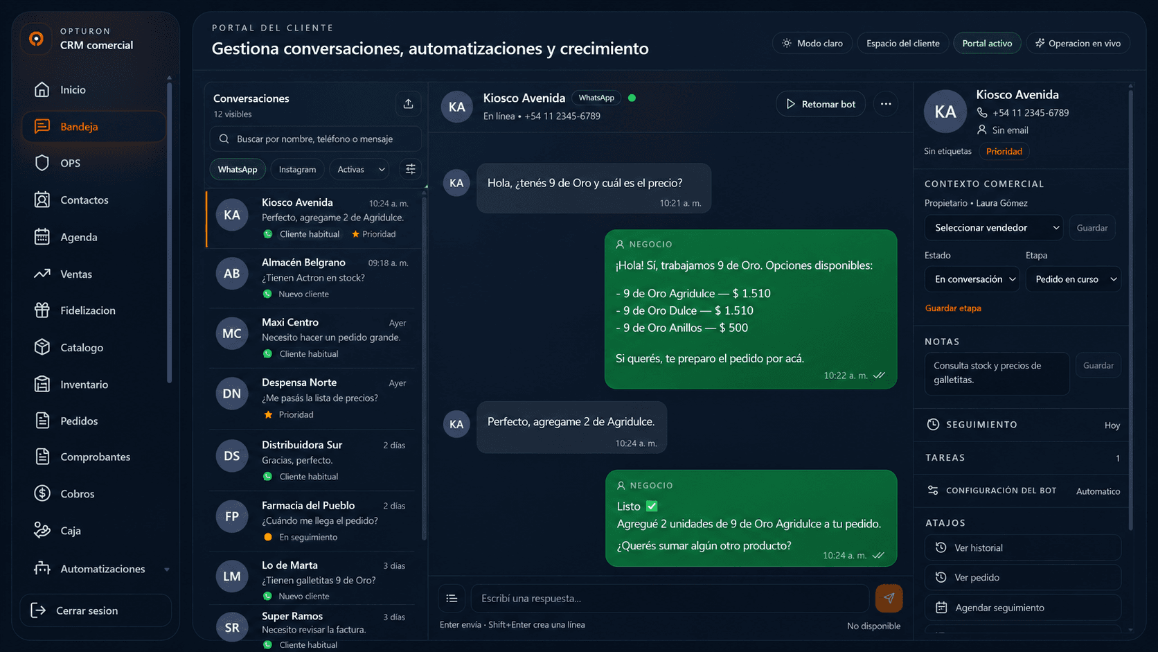 Inbox real de Opturon con conversaciones de WhatsApp e Instagram, automatización, contexto comercial y seguimiento